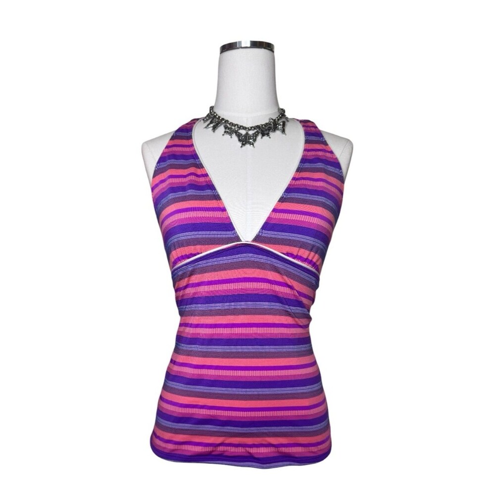 Y2K Athleta Purple + Pink Striped V-Neck Workout Tank Top Size Medium